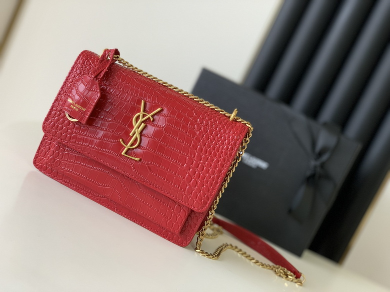 Saint Laurent Sunset Medium Chain Shoulder Bag in Red Croc-Embossed Leather