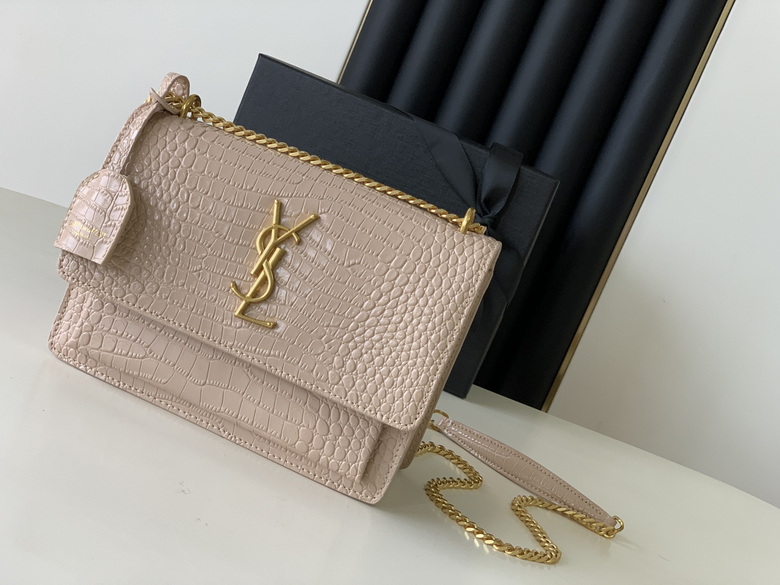 Saint Laurent Sunset Medium Chain Shoulder Bag in Beige Croc-Embossed Leather
