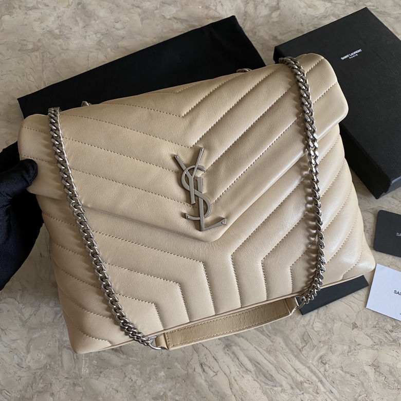 Saint Laurent Loulou Medium Chain Shoulder Bag in Beige Y-Quilted Leather