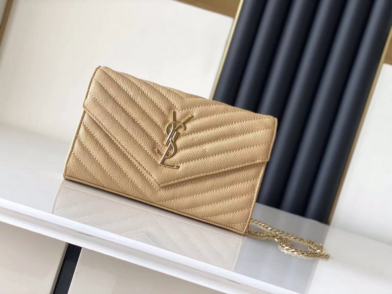 Saint Laurent Envelope Chain Wallet in Beige Grained Chevron-Quilted Leather