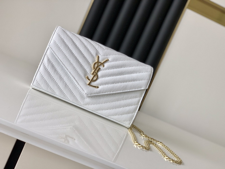 Saint Laurent Envelope Chain Wallet in White Matelassé Grain de Poudre Leather