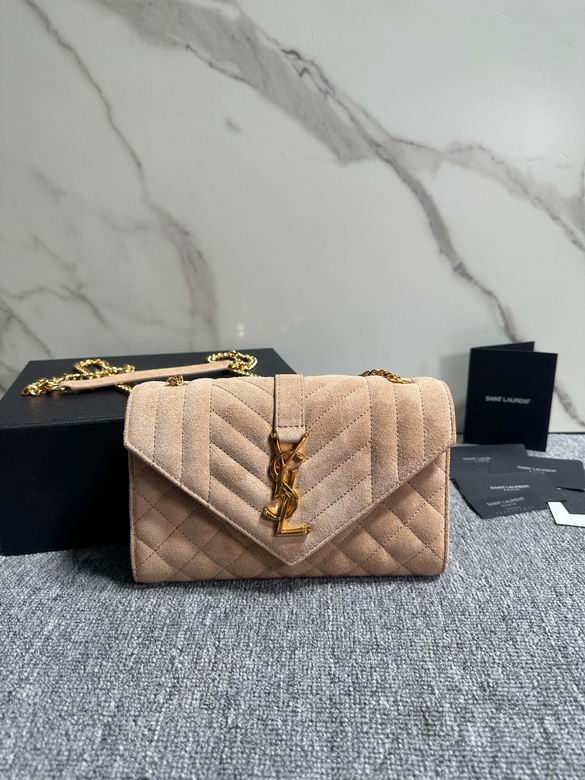 Saint Laurent Envelope Small Chain Bag in Beige Quilted Suede with Gold YSL