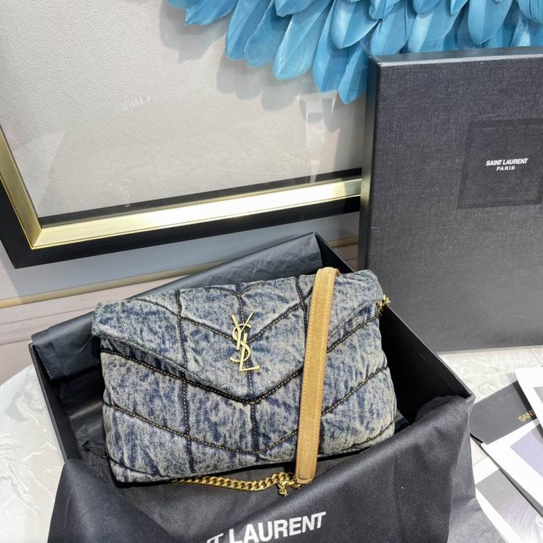 Saint Laurent Puffer Small Chain Bag in Washed Blue Denim with Gold Hardware