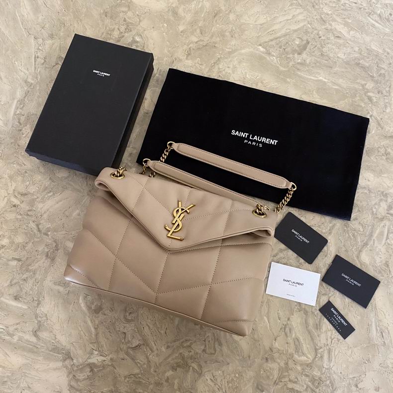 Saint Laurent Puffer Chain Shoulder Bag in Beige Quilted Leather