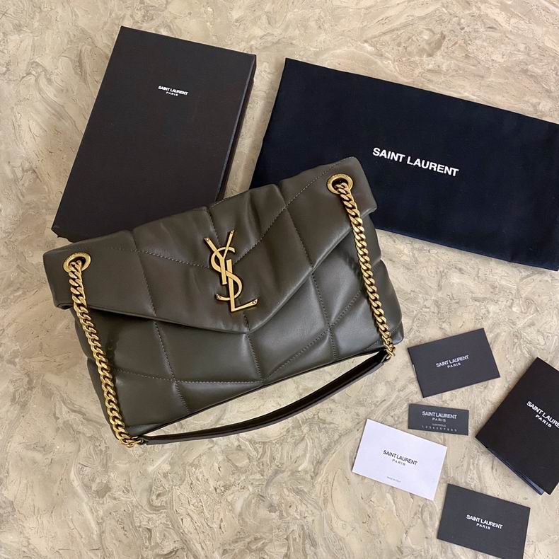 Saint Laurent Puffer Small Chain Shoulder Bag in Olive Quilted Leather