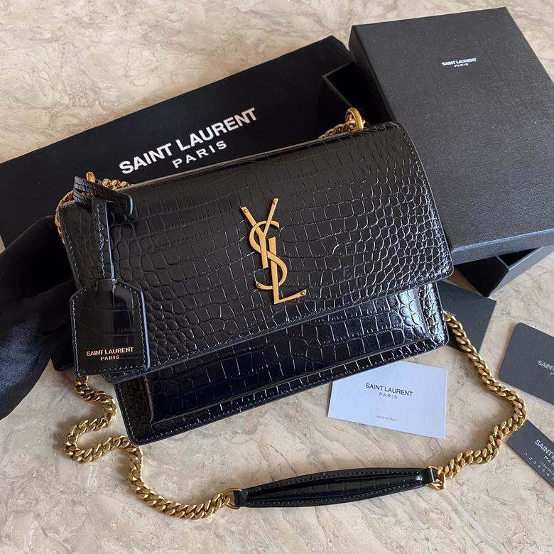 Saint Laurent Sunset Medium Chain Shoulder Bag in Black Croc-Embossed Leather