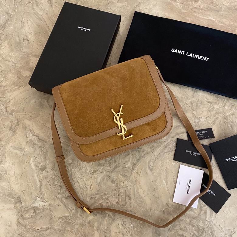 Saint Laurent Solferino Medium Crossbody Bag in Tan Suede with Leather Trim