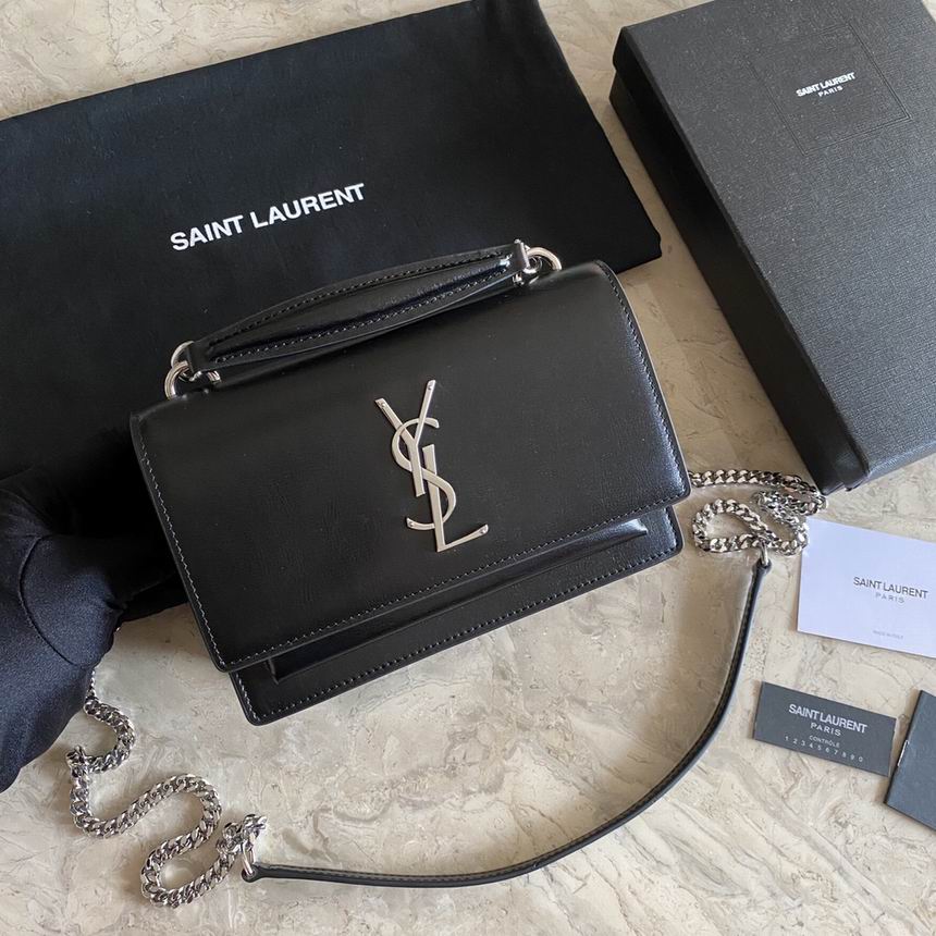 Saint Laurent Sunset Small Chain Shoulder Bag in Black Smooth Leather