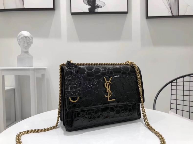 Saint Laurent Sunset Medium Chain Shoulder Bag in Black Croc-Embossed Leather