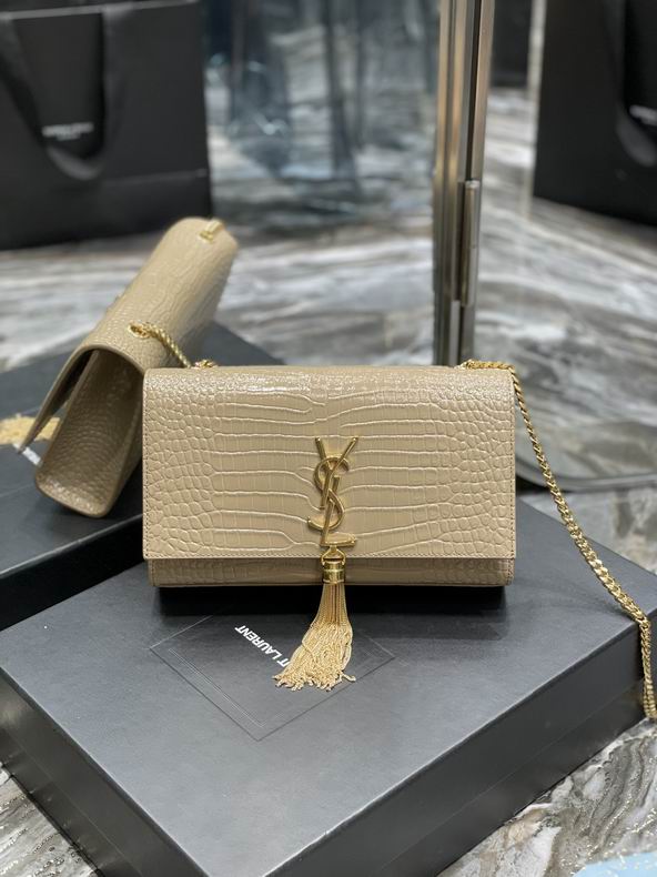 Saint Laurent Kate Medium Chain Bag with Tassel in Beige Croc-Embossed Leather