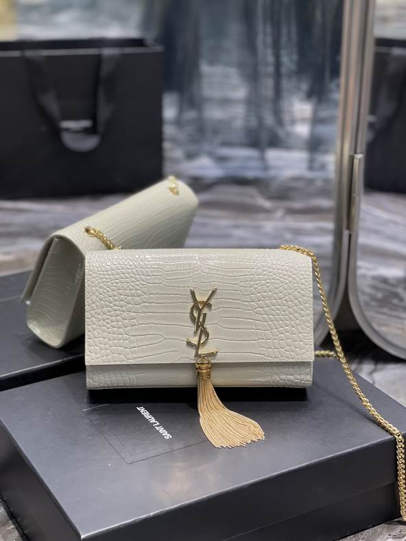 Saint Laurent Kate Medium Chain Bag with Tassel in Off-White Croc-Embossed Leather