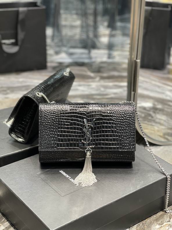 Saint Laurent Kate Medium Chain Bag with Tassel in Black Croc-Embossed Leather