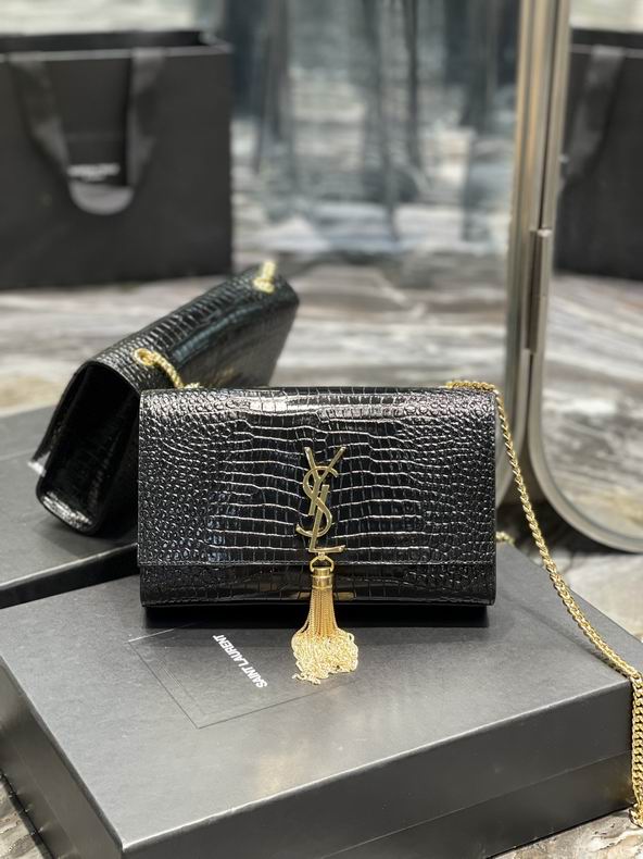 Saint Laurent Kate Medium Chain Bag with Tassel in Black Crocodile-Embossed Leather