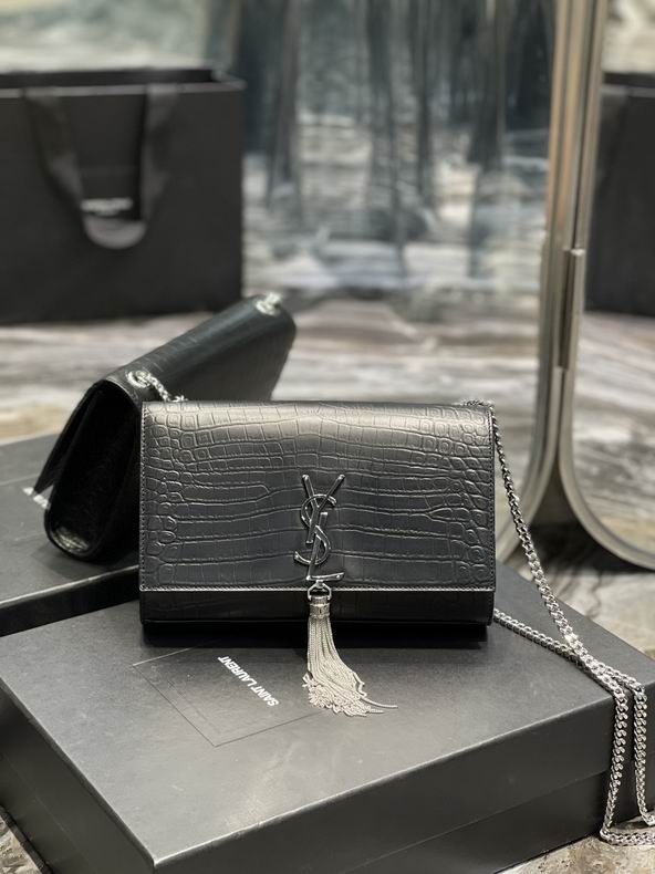 Saint Laurent Kate Medium Chain Bag with Tassel in Black Croc-Embossed Leather