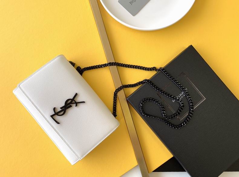 Saint Laurent Kate Small Chain Bag in White Grained Leather with Black Hardware