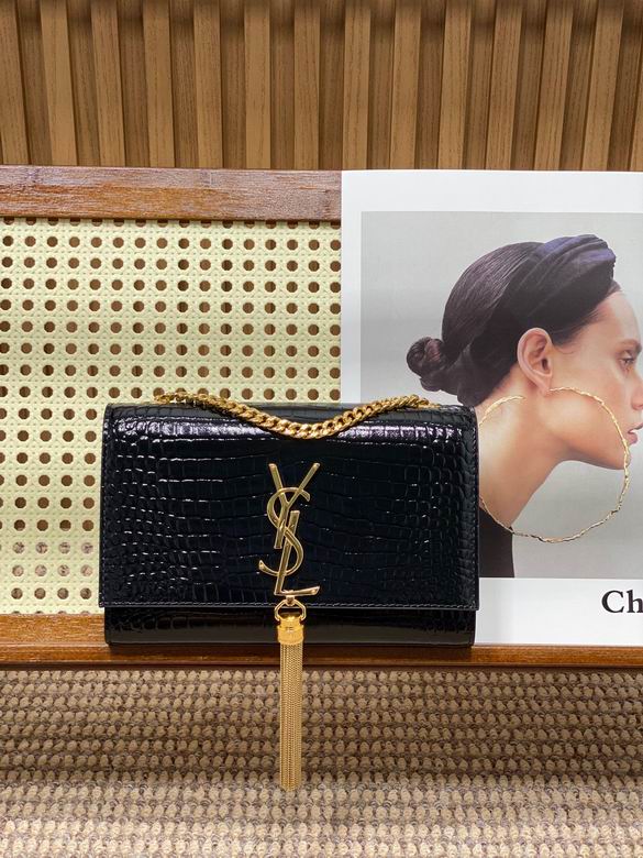 Saint Laurent Kate Small Chain Bag with Tassel in Black Croc-Embossed Leather