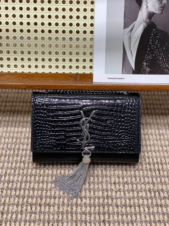 Saint Laurent Kate Small Chain Bag with Tassel in Black Croc-Embossed Leather