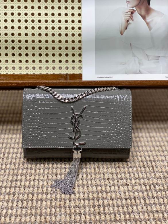 Saint Laurent Kate Small Chain Bag with Tassel in Gray Croc-Embossed Leather