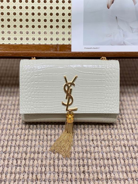 Saint Laurent Kate Small Chain Bag with Tassel in Off-White Croc-Embossed Leather