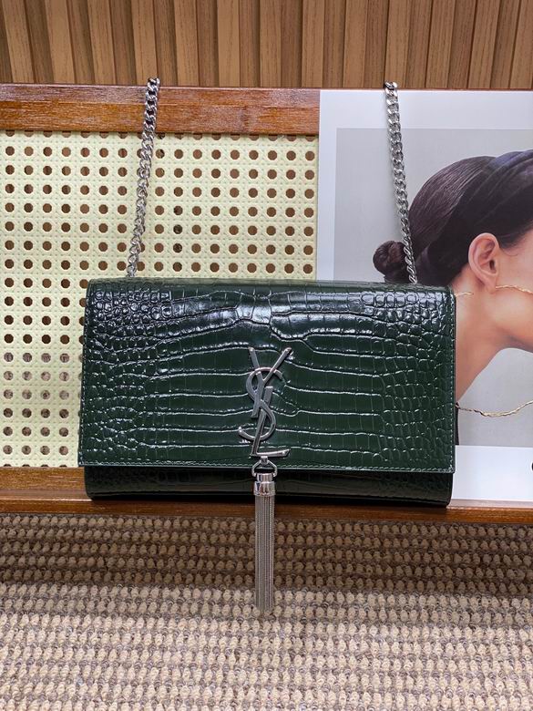 Saint Laurent Kate Medium Chain Bag with Tassel in Dark Green Croc-Embossed Leather