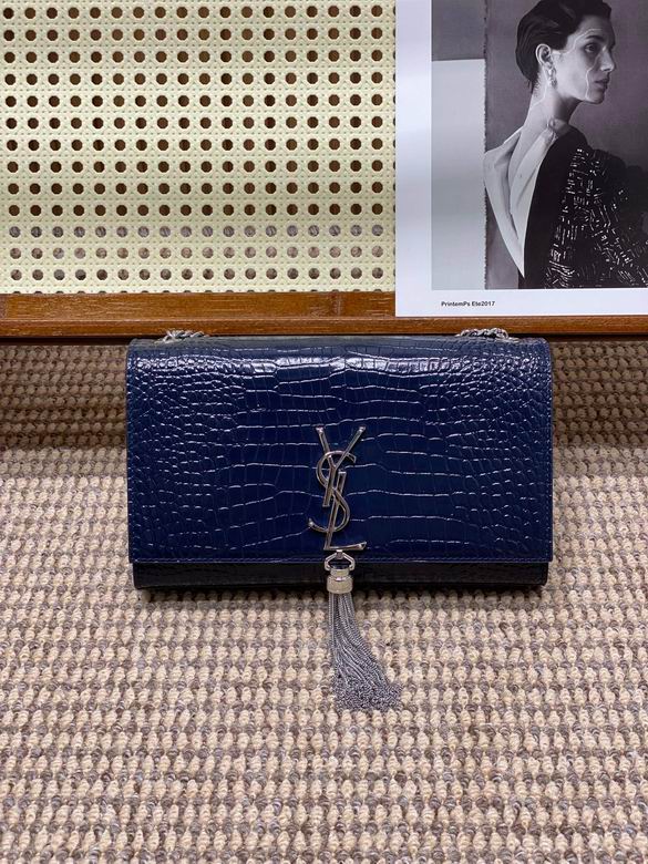 Saint Laurent Kate Medium Chain Bag with Tassel in Navy Crocodile-Embossed Leather