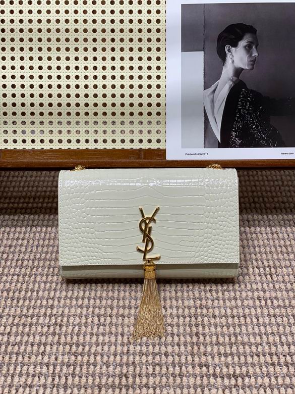 Saint Laurent Kate Medium Chain Bag with Tassel in Ivory Croc-Embossed Leather