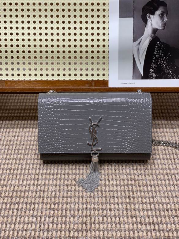 Saint Laurent Kate Medium Chain Bag with Tassel in Gray Croc-Embossed Leather
