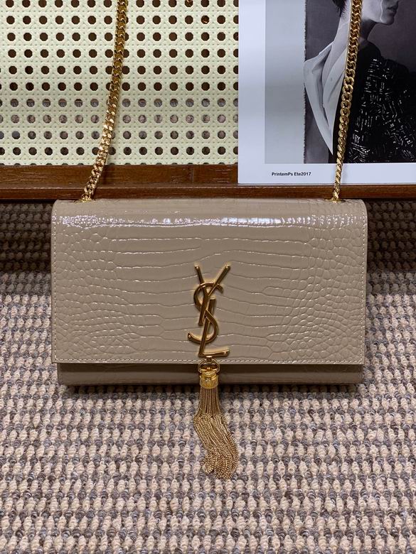 Saint Laurent Kate Medium Chain Bag with Tassel in Taupe Croc-Embossed Leather