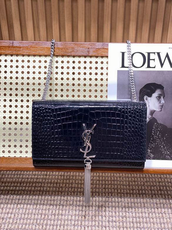 Saint Laurent Kate Medium Chain Bag with Tassel in Black Croc-Embossed Leather