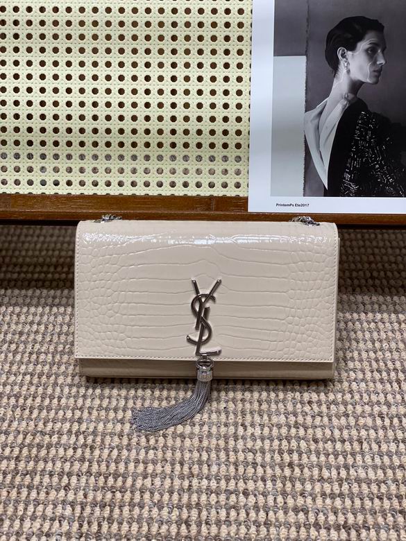Saint Laurent Kate Medium Chain Bag with Tassel in Cream Croc-Embossed Leather