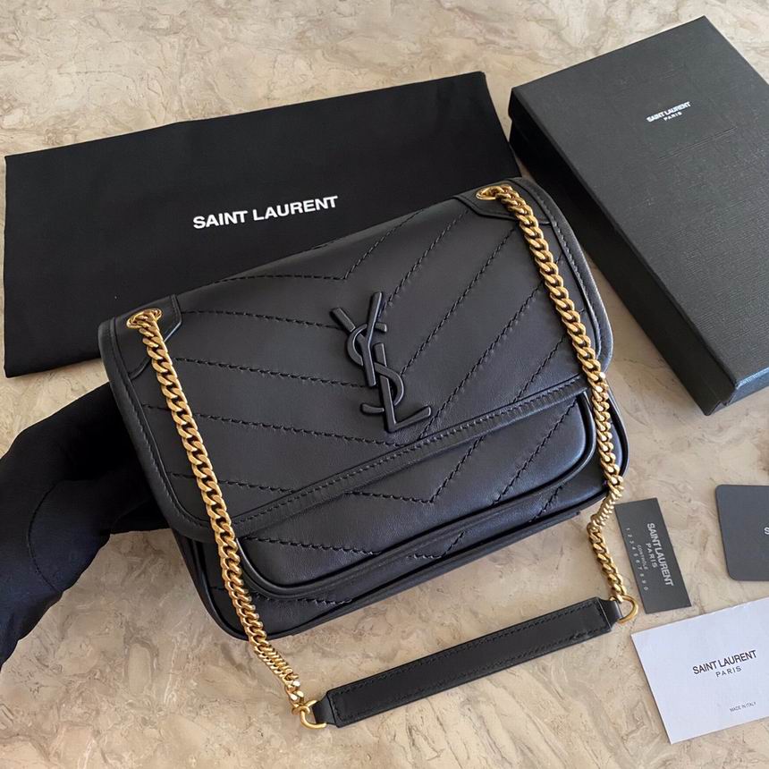 Saint Laurent Niki Baby Chain Shoulder Bag in Black Leather with Gold Chain