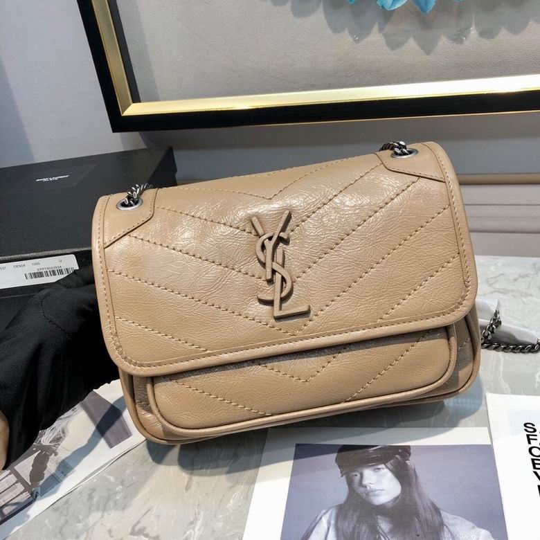 Saint Laurent Niki Baby Chain Shoulder Bag in Beige Crinkled Leather
