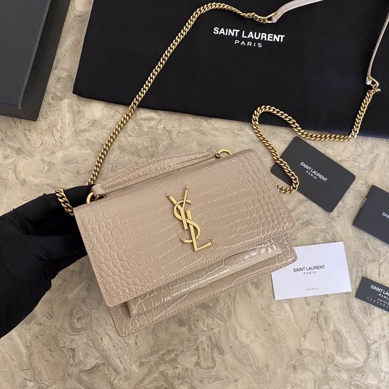 Saint Laurent Sunset Small Chain Shoulder Bag in Beige Croc-Embossed Leather