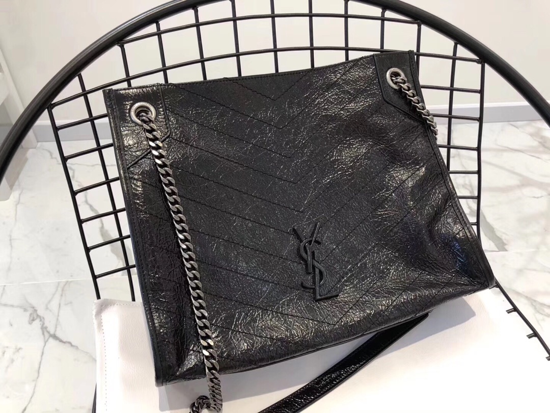 Saint Laurent Niki Medium Shopping Tote in Black Crinkled Vintage Leather