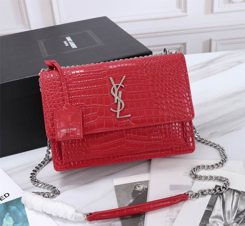 Saint Laurent Sunset Medium Chain Shoulder Bag in Red Crocodile-Embossed Leather