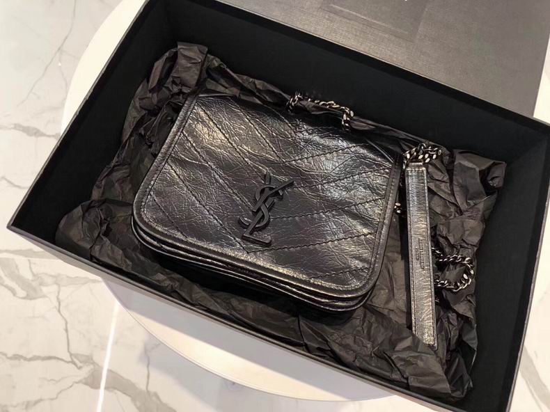 Saint Laurent Niki Baby Chain Shoulder Bag in Black Crinkled Vintage Leather