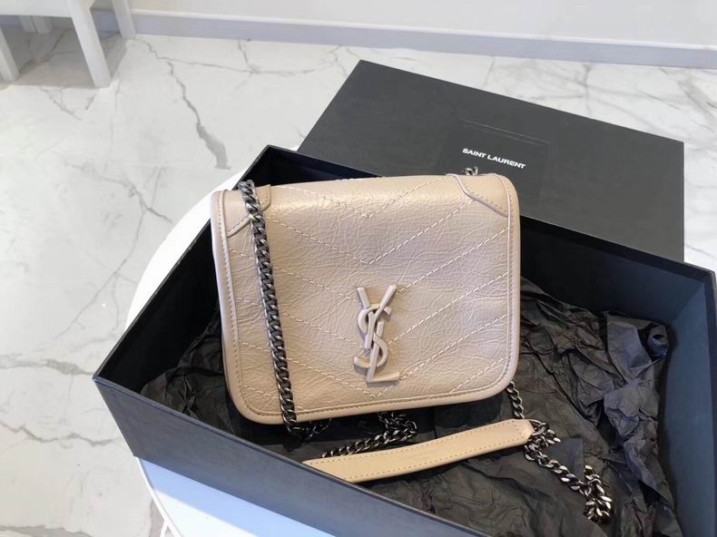Saint Laurent Niki Chain Wallet-Style Crossbody Bag in Beige Crinkled Leather