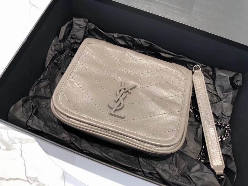 Saint Laurent Niki Baby Chain Crossbody Bag in Greige Crinkled Vintage Leather