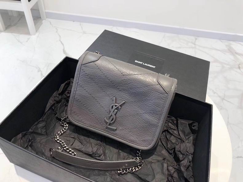 Saint Laurent Niki Baby Chain Shoulder Bag in Grey Crinkled Vintage Leather