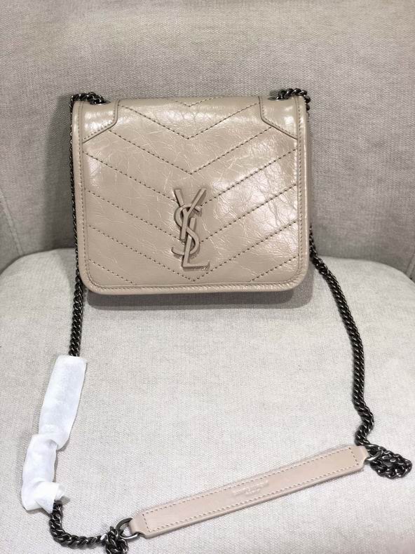 Saint Laurent Niki Chain Wallet Crossbody Bag in Beige Crinkled Leather