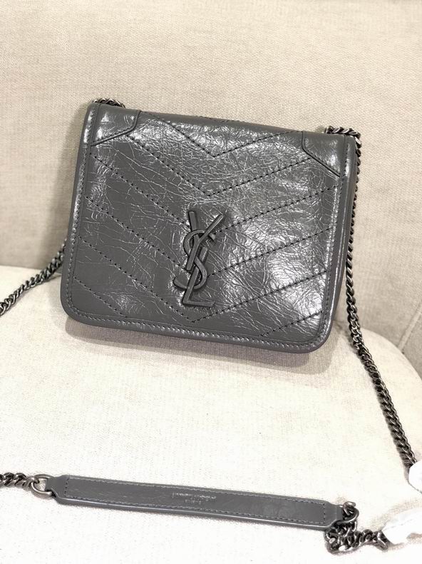 Saint Laurent Niki Chain Wallet Crossbody Bag in Grey Crinkled Leather