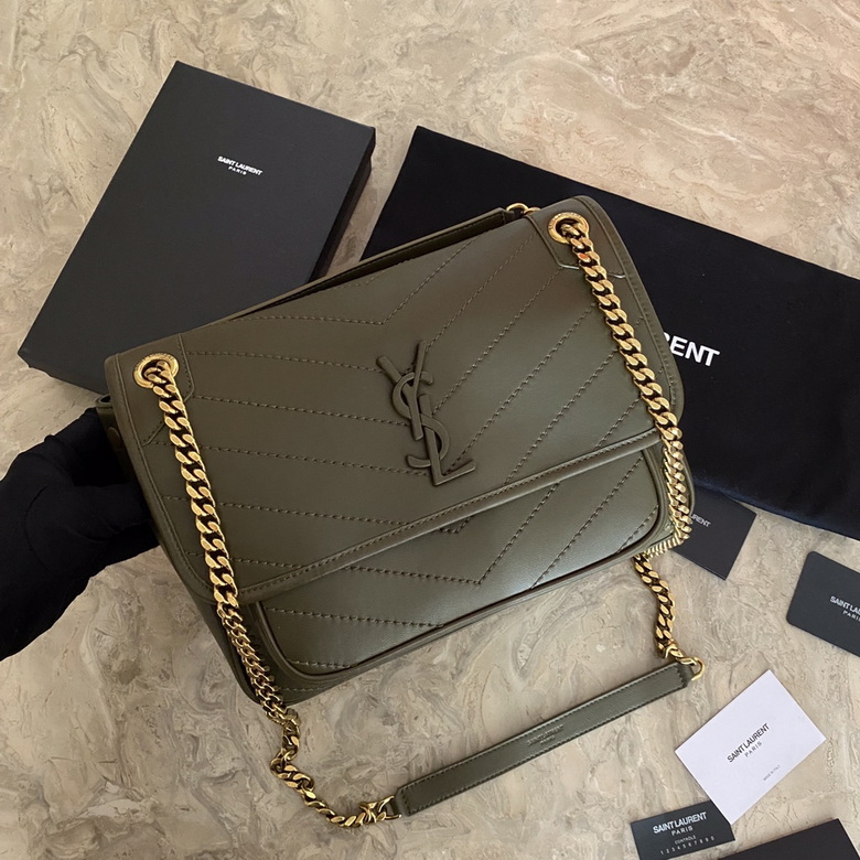 Saint Laurent Niki Medium Chain Shoulder Bag in Olive Green Quilted Leather