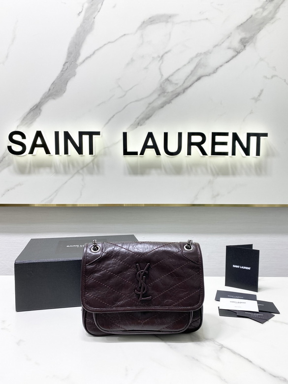 Saint Laurent Niki Baby Chain Shoulder Bag in Dark Burgundy Crinkled Leather