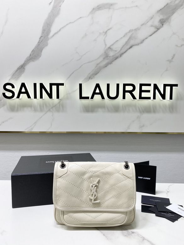 Saint Laurent Niki Baby Chain Shoulder Bag in Cream Crinkled Leather