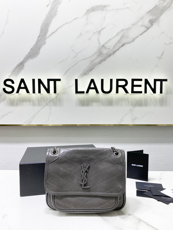 Saint Laurent Niki Baby Chain Shoulder Bag in Grey Crinkled Vintage Leather