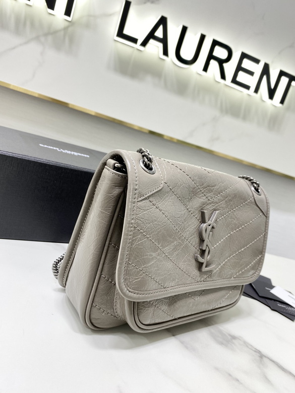 Saint Laurent Niki Baby Chain Shoulder Bag in Grey Crinkled Vintage Leather