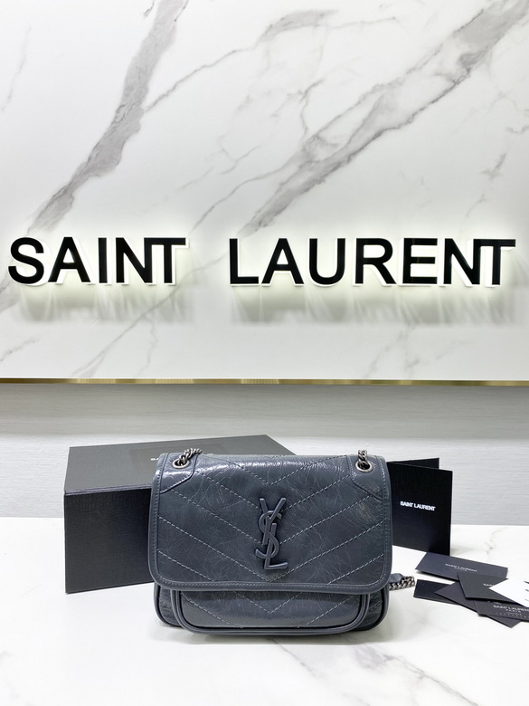 Saint Laurent Niki Baby Chain Shoulder Bag in Gray Crinkled Vintage Leather