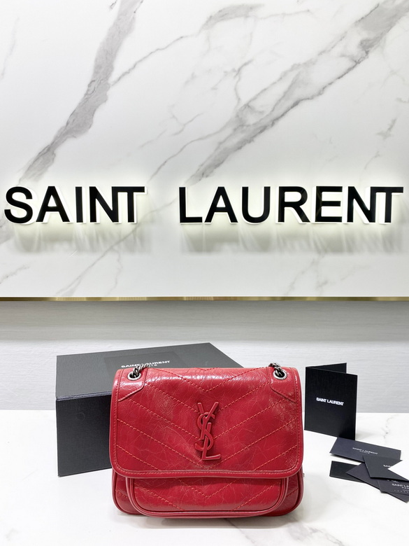 Saint Laurent Niki Baby Chain Shoulder Bag in Red Crinkled Vintage Leather