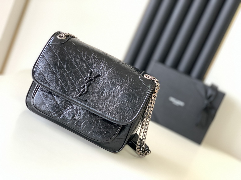 Saint Laurent Niki Medium Chain Shoulder Bag in Black Crinkled Vintage Leather