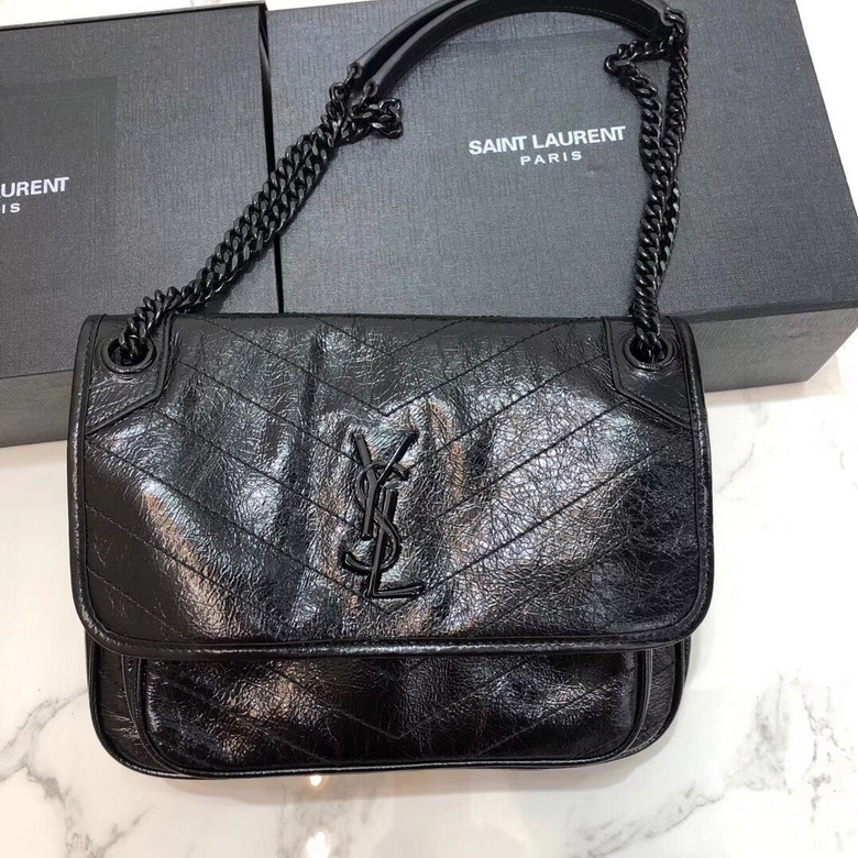 Saint Laurent Niki Medium Chain Shoulder Bag in Black Crinkled Leather